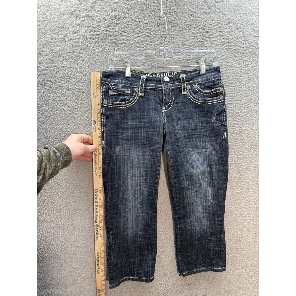 Hydraulic Jeans Womens 3/4 Blue Capri Thick Stitch‎ Flap Pocket Rockabilly Biker